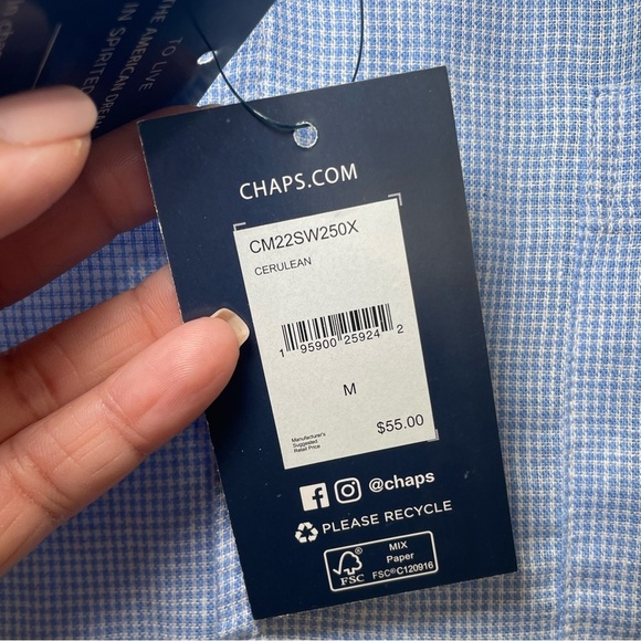 Chaps light blue and white houndstooth button down linen blend shirt sz M - Picture 3 of 6